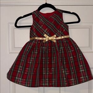 Toddler Girl’s Red Plaid Dress with Gold Bow